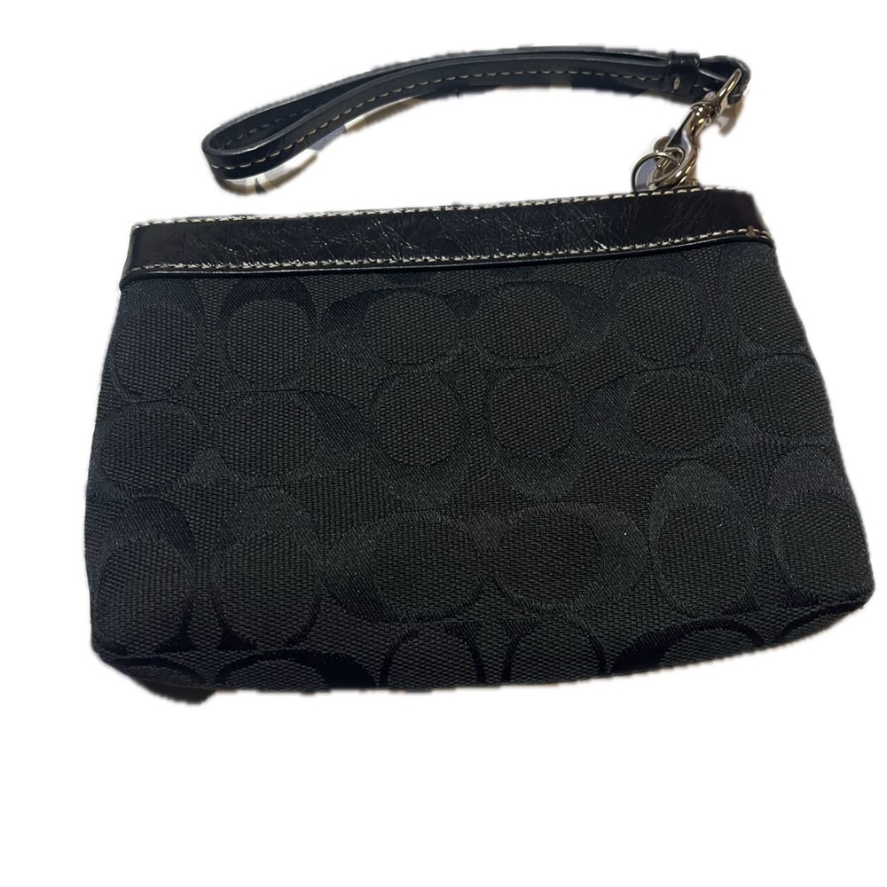 Coach signature wristlet pouch clutch wallet, black, red interior lining.